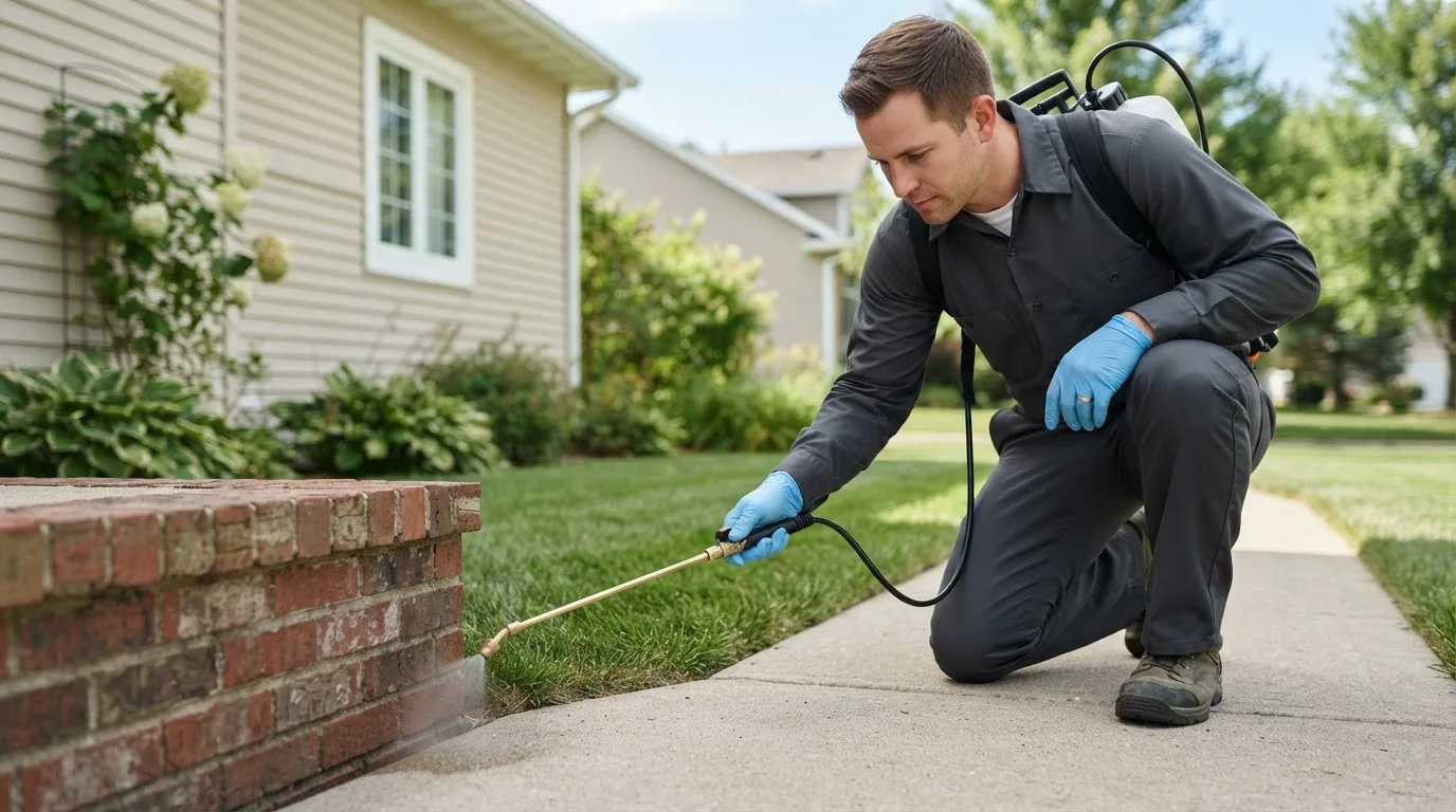 Pest control technician treating a home near Hickory, PA